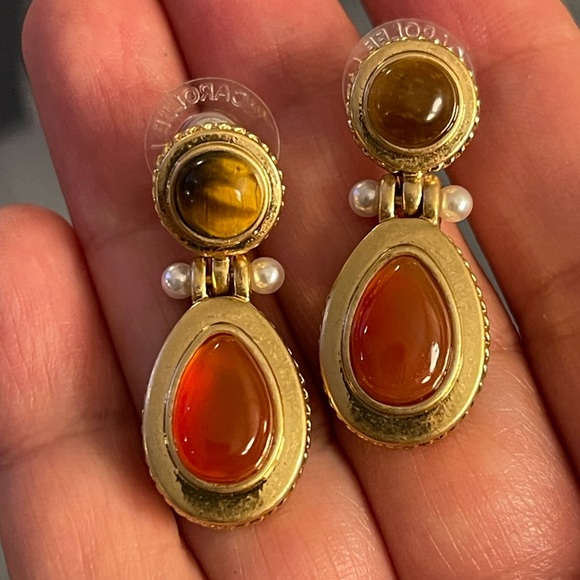 Carolee natural carnelian tigers eye freshwater pearl gold drop earrings - Picture 2 of 10